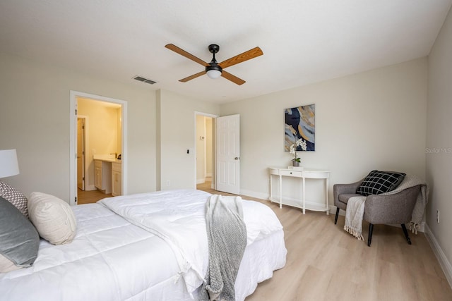 bedroom with ceiling fan, light hardwood / wood-style floors, and ensuite bathroom