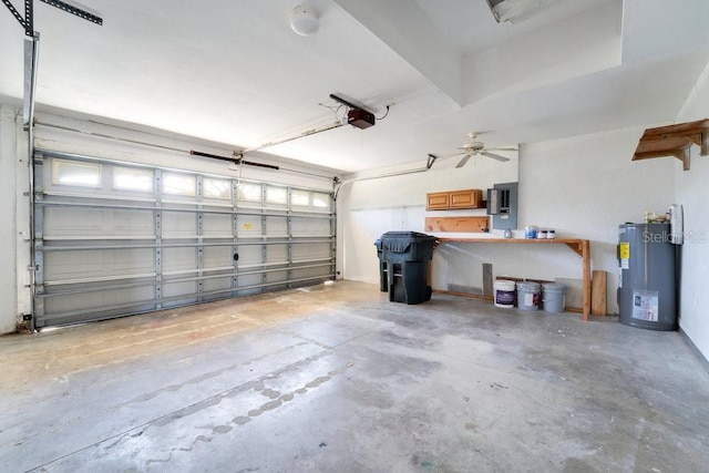 garage featuring electric panel, ceiling fan, water heater, and a garage door opener