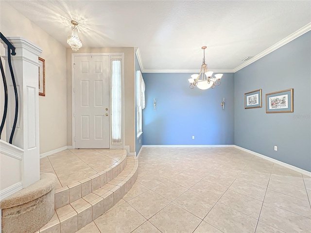 entryway featuring light tile patterned floors, ornamental molding, and an inviting chandelier