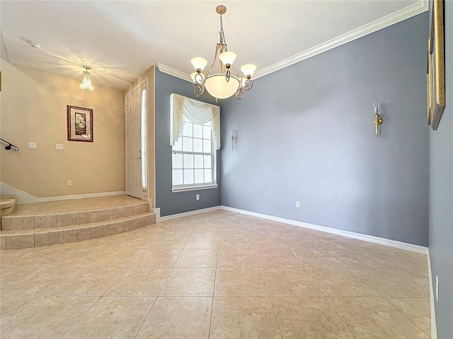 tiled empty room with crown molding and an inviting chandelier