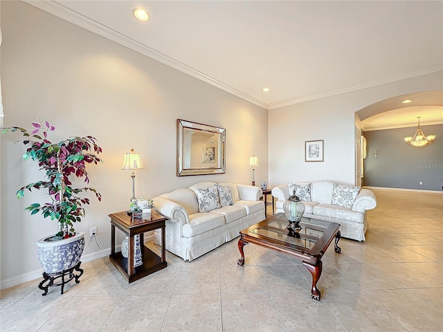 living room featuring light tile patterned floors, ornamental molding, and a chandelier