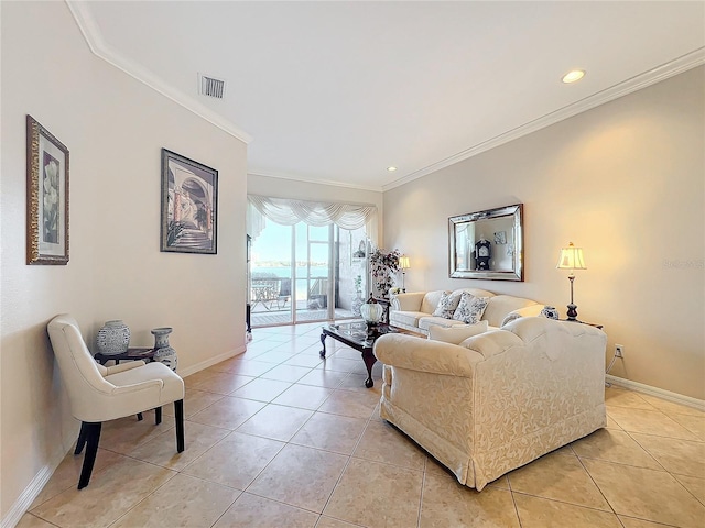 living room with ornamental molding and light tile patterned flooring