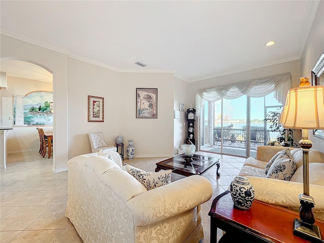 tiled living room featuring ornamental molding