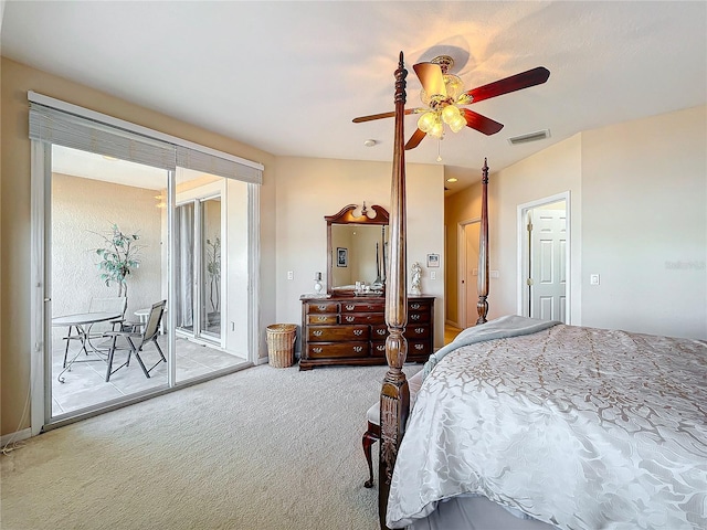 bedroom featuring carpet flooring, ceiling fan, and access to outside