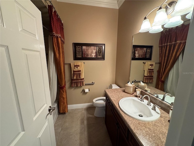 full bathroom featuring tile patterned floors, crown molding, toilet, shower / bath combo with shower curtain, and vanity