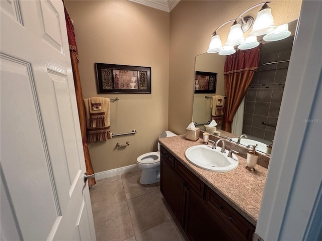 full bathroom with toilet, vanity, a chandelier, baseboards, and tile patterned floors