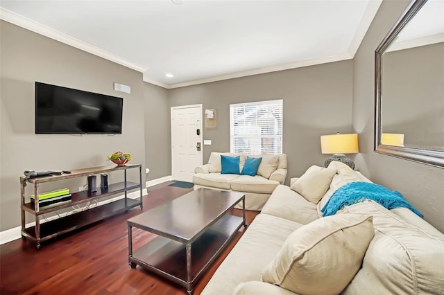 living room with dark hardwood / wood-style floors and ornamental molding