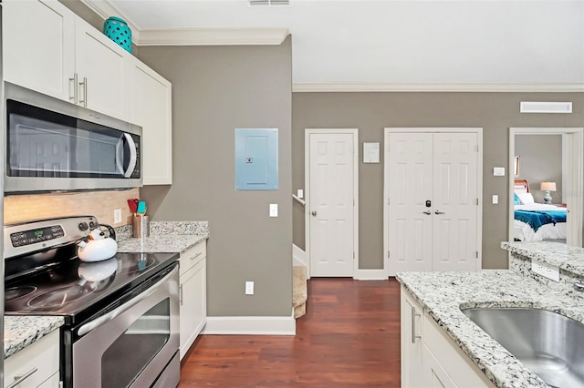 kitchen with electric panel, white cabinetry, light stone countertops, and appliances with stainless steel finishes