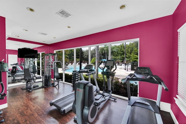 exercise room featuring dark hardwood / wood-style floors