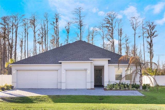 view of front of home featuring a garage and a front lawn