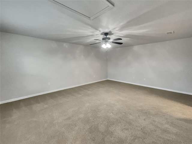 unfurnished room with carpet floors and ceiling fan