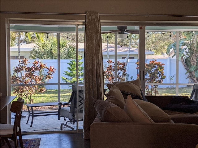 interior space featuring ceiling fan