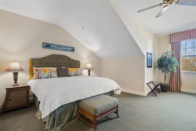 carpeted bedroom featuring ceiling fan and vaulted ceiling