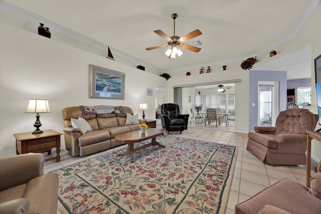 living room featuring light tile patterned floors, visible vents, and a ceiling fan