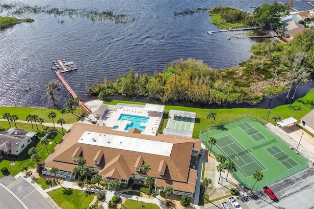 bird's eye view with a water view