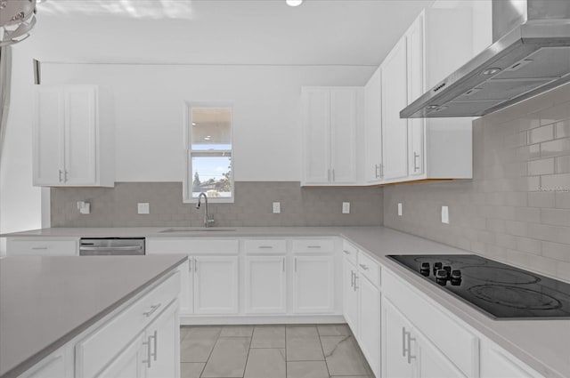 kitchen featuring white cabinetry, dishwasher, sink, wall chimney exhaust hood, and black electric cooktop