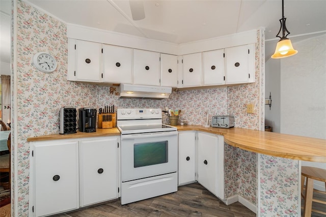 kitchen with white cabinetry, pendant lighting, dark hardwood / wood-style floors, and white range with electric cooktop