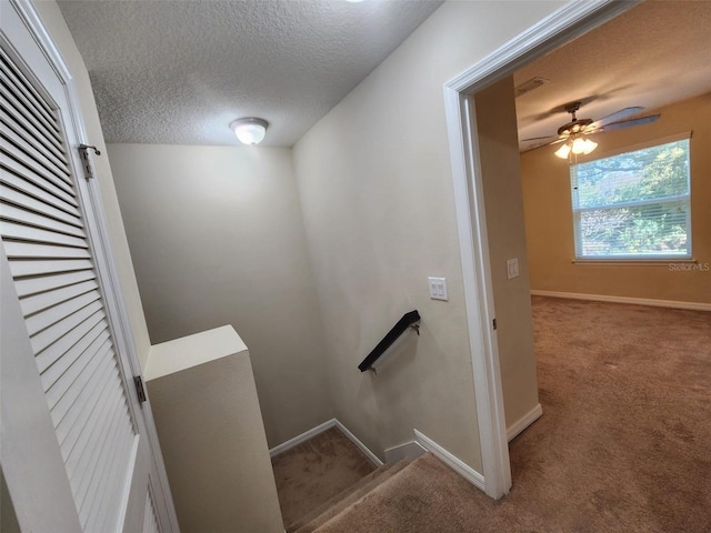 staircase featuring ceiling fan, carpet floors, and a textured ceiling