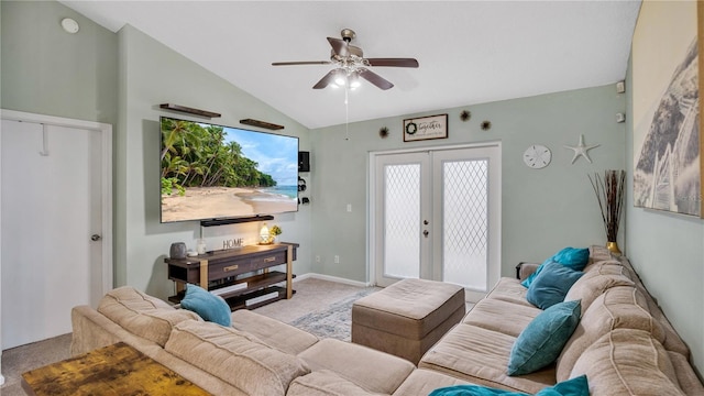 carpeted living room featuring ceiling fan, lofted ceiling, and french doors