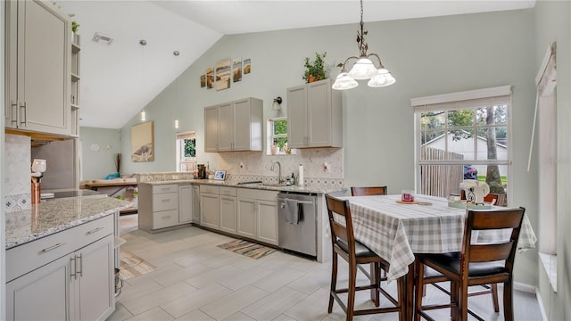 kitchen featuring dishwasher, sink, high vaulted ceiling, backsplash, and pendant lighting