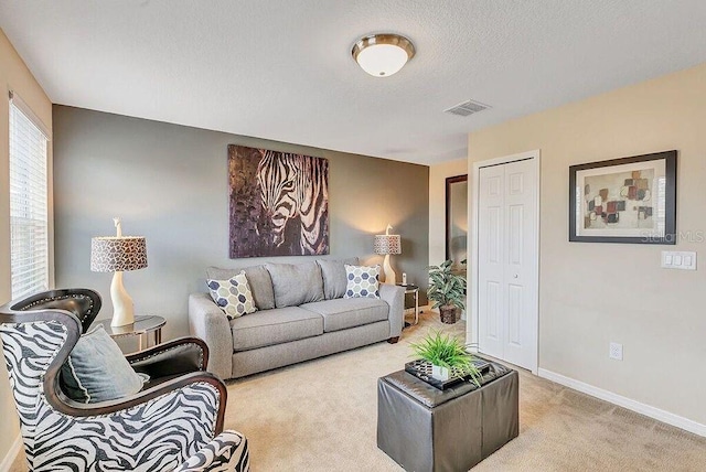 carpeted living room with a textured ceiling