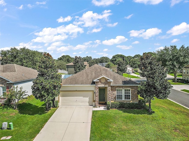 single story home with a garage and a front lawn