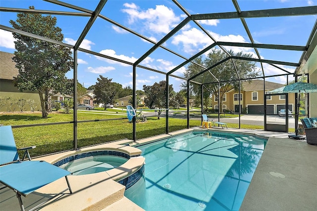 view of swimming pool with a yard, an in ground hot tub, glass enclosure, and a patio