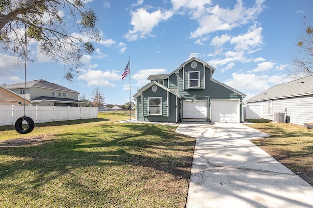 view of front property featuring a garage, central air condition unit, and a front lawn