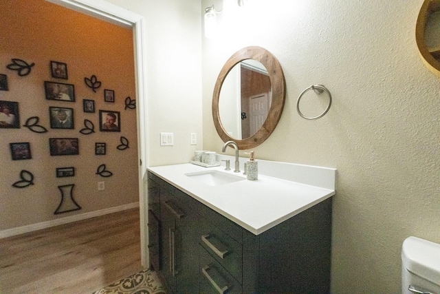 bathroom featuring toilet, hardwood / wood-style floors, and vanity