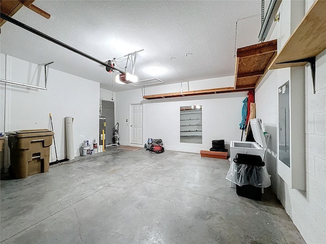 garage with water heater and a garage door opener