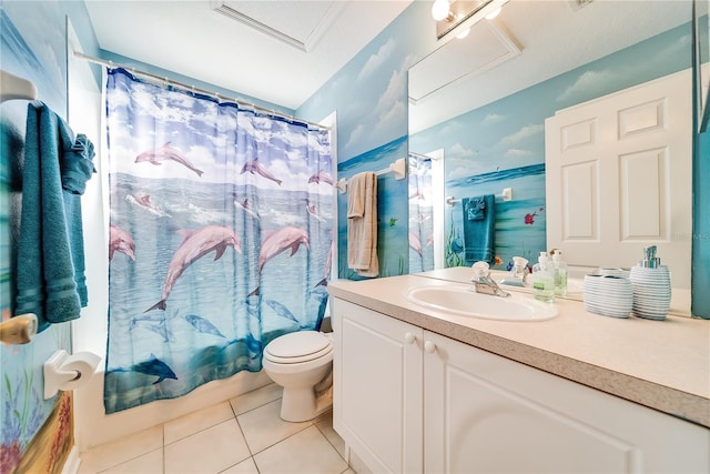 full bathroom featuring toilet, shower / tub combo, vanity, and tile patterned floors