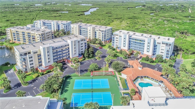 drone / aerial view with a water view