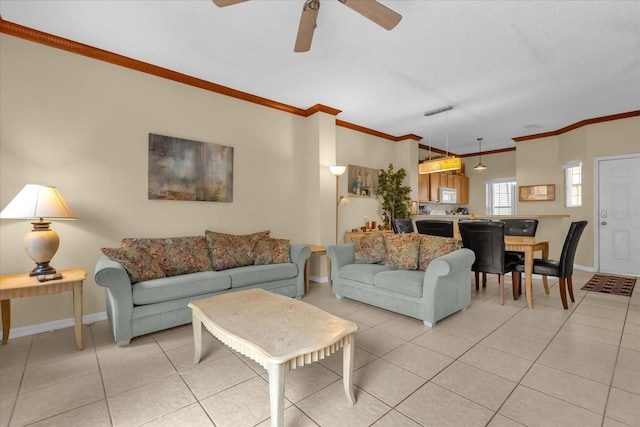 tiled living room with ceiling fan and ornamental molding