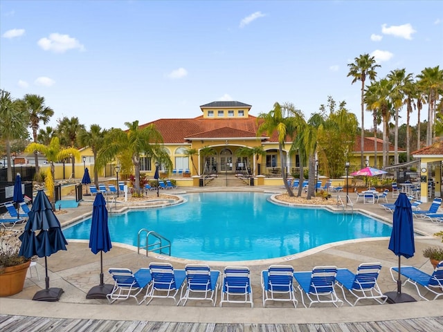 view of swimming pool with a patio area