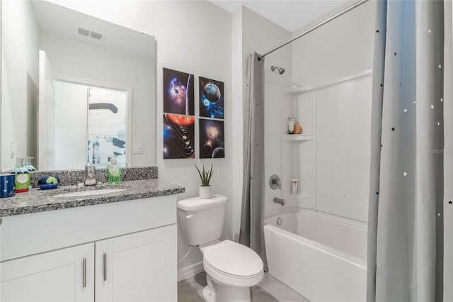 full bathroom featuring shower / bathtub combination with curtain, vanity, and toilet