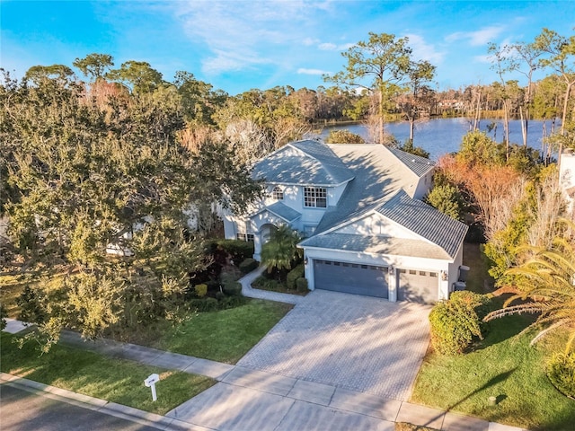 drone / aerial view with a water view