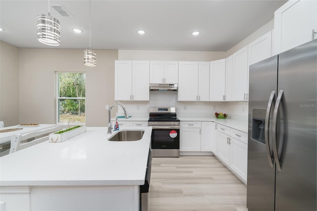 kitchen with white cabinets, appliances with stainless steel finishes, hanging light fixtures, and sink