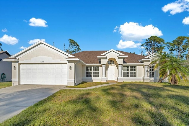 ranch-style house with a garage, concrete driveway, a front lawn, and stucco siding