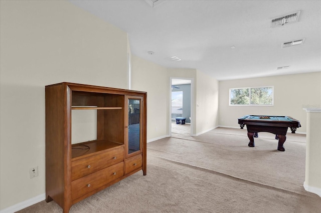 recreation room featuring light colored carpet and billiards