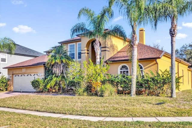 view of front of house featuring a garage and a front lawn