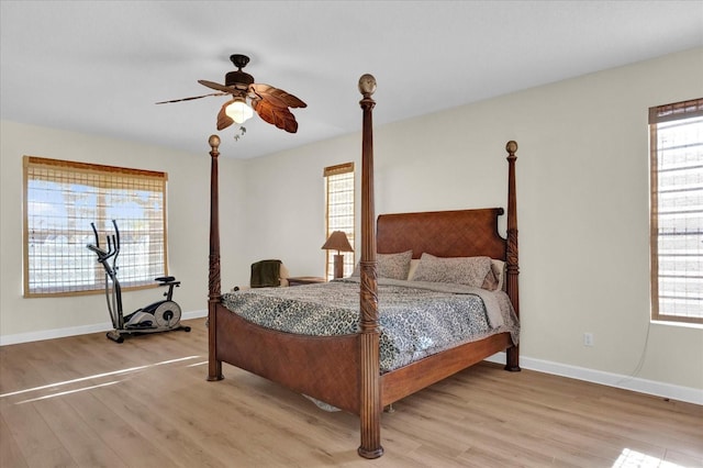 bedroom featuring ceiling fan and light wood-type flooring