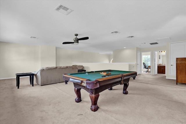 game room with ceiling fan, light carpet, and pool table