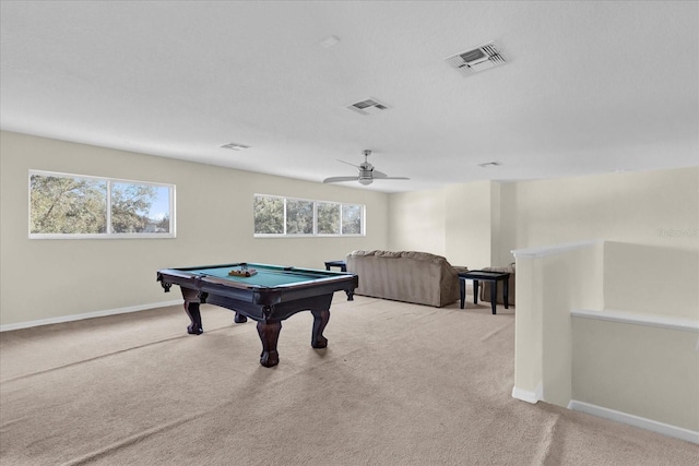 rec room featuring ceiling fan, light carpet, and pool table