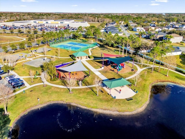 aerial view featuring a water view