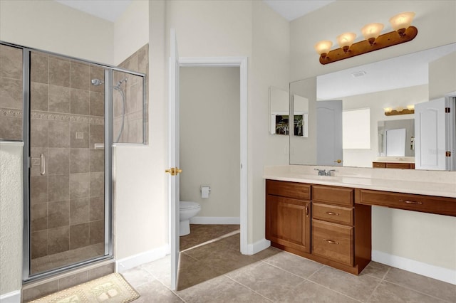 bathroom with vanity, tile patterned flooring, toilet, and walk in shower