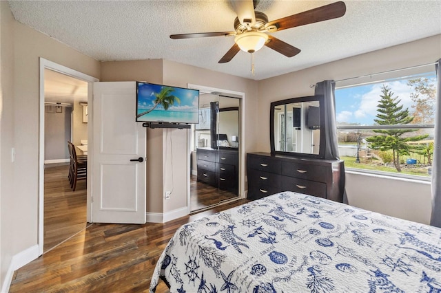 bedroom featuring multiple windows, ceiling fan, a closet, and a textured ceiling