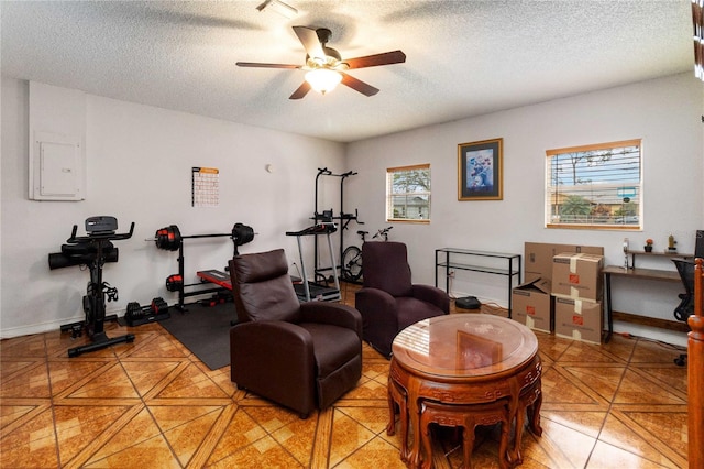 interior space with a textured ceiling, electric panel, and ceiling fan