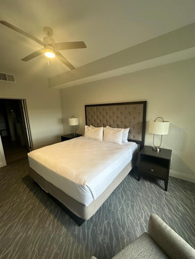 carpeted bedroom featuring ceiling fan