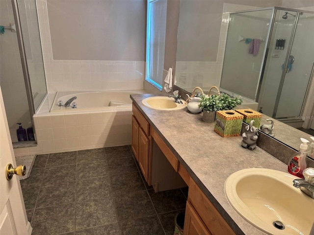 bathroom with shower with separate bathtub and vanity