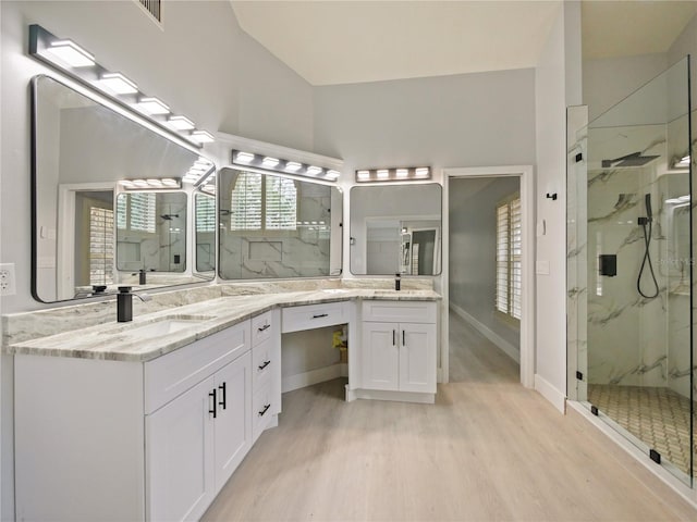 bathroom with vanity, hardwood / wood-style flooring, and a shower with shower door